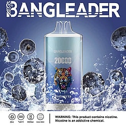 Product Advertising Image Featuring The Bangleader Blueberry Ice Flavored Vape, Showcasing Its 20,000-Puff Capacity, Blueberry Visuals, And A Tiger Illustration Against A Blue Background With Water Splash Effects.