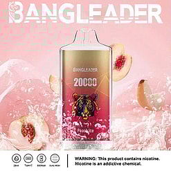 Promotional Image Of Bangleader Peach Ice Vape Device Featuring A Tiger Design On A Red Background, Surrounded By Ice And Peach Imagery With Product Details And A Nicotine Warning Displayed Below.