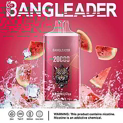 Promotional Image For The Bangleader Watermelon Ice Vape Device, Featuring A Tiger Logo, Floating Watermelon Slices, Ice Cubes, And Vibrant Pink Background, Highlighting The Product's 20,000-Puff Capacity And Specifications Below.