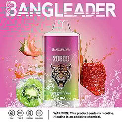 Promotional Image Of The Bangleader Disposable Vaping Device Featuring A Strawberry And Kiwi Flavor Design, A Tiger Graphic On The Front, And Splashes Of Fruit And Liquid In The Background With Product Specifications And A Nicotine Warning At The Bottom.
