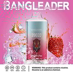 Promotional Image Of A Bangleader Vape Device With A Strawberry Ice Flavor, Illustrated With Strawberries, Splashes, And Ice Cubes, Featuring A Tiger Emblem And Noting 20,000 Puffs And Other Specifications; Includes A Nicotine Warning At The Bottom.