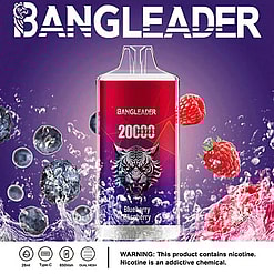 A Promotional Image Of The Bangleader Vaping Device Featuring A Tiger Design, Blueberry And Raspberry Flavor Theme, A Purple Background With Splashing Effects, And Product Specifications And A Nicotine Warning At The Bottom.
