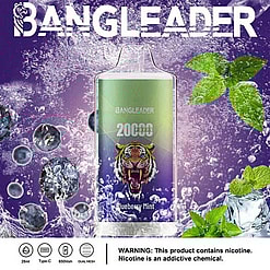 A Bangleader Vape Product Featuring A Tiger Illustration With 'Blueberry Mint' Flavor Branding, Surrounded By Blueberries, Mint Leaves, And Icy Water Splashes In A Colorful Promotional Display With Product Details Beneath.