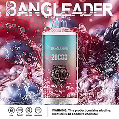 Promotional Image Of A Bangleader Brand Vape Device Featuring 20,000 Puffs, Mix Fruit Flavor, With A Tiger Design And A Background Of Colorful Fruit Elements.