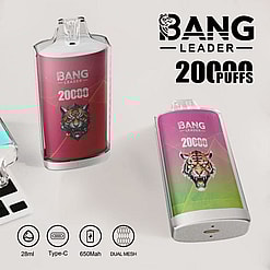 Reklambild av Bang Leader 20000 vaping-enhet med kapacitet på 20 000 bloss, 28 ml e-vätska, laddning av typ C, 650 mAh batteri och dual mesh-teknik, med färgstark förpackning som visar upp en tigerdesign.