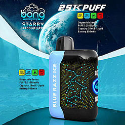 Promotional Image For A Vaping Device Labeled 'Bang Starry' With Blue Razz Ice Flavor, Showing Specifications Including 25,000 Puffs Capacity, 28Ml E-Liquid, And An 800Mah Battery, Set Against A Futuristic Space-Themed Background.