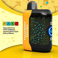 Disposable Vape Device Labeled 'Strawberry Banana,' Featuring A Futuristic Design With Yellow And Blue Digital Patterns, And Highlighting Specifications Such As 25,000 Puffs, 28Ml Capacity, And An 800Mah Battery.