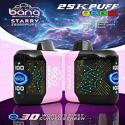 Promotional Image Of The Bang Disposable Starry Peach Ice Vaping Device Featuring A Sleek Curved Screen, 25000 Puff Capacity, And Specifications Listed, With A Cosmic-Themed Background.