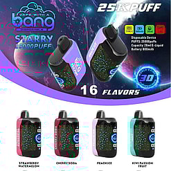 「Bang Starry 25000 使い捨てベイプ」のプロモーション画像。ストロベリーウォーターメロン、チェリーソーダ、ピーチアイス、キウイパッションフルーツなど16種類のフレーバーがあり、28mlのe-リキッド容量と800mAhのバッテリーなどの機能を備え、25,000回の吸引が可能なデバイスを紹介しています。