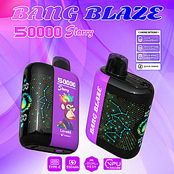 Promotional Graphic Featuring The 'Bang Blaze 50000 Starry' Vape Product, With Purple And Black Packaging Showcasing A Vibrant Monkey Illustration And Futuristic Designs, Detailed Features Include A 550Mah Battery, Type-C Charging, Dual Mesh Pods, And Various Usage Modes.