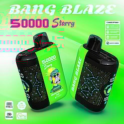 Promotional Image For Bang Blaze 50000 Starry Vape, Featuring A Bright Green Design, A Cartoon Monkey Illustration, And Technical Highlights Like Type-C Charging, Dual Mesh Technology, And Quick Charge Capability.