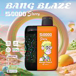 Promotional Image For Bang Blaze 50000 Starry Featuring A Vibrant Orange Vape Device Displaying A Stylized Cartoon Monkey, Set Against A Colorful Futuristic Background.