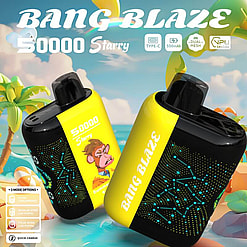 Promotional Image Of Bang Blaze Vaping Devices Featuring Colorful Designs, Highlighted Specifications, And A Tropical Beach-Themed Background.
