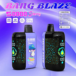 Promotional Image Of The Bang Blaze 50000 Starry Vape Device, Showcasing Its Features Like A Childproof Mode, Quick Charge, And Dual-Mesh Technology, With Branding And A Vibrant Graphic Design In Purple And Black.