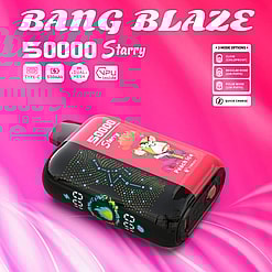 Promotional Image For The Bang Blaze 50000 Starry Device Featuring Its Design, Model Name, Specifications, And Peach Ice Flavor On A Vibrant Pink Background.