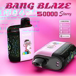 Promotional Image Showcasing Two Pink And Black Vape Devices Named Bang Blaze 50000 Starry, Featuring A Cartoon Monkey Illustration, Embedded Lights, And Specifications Like Child-Proof, Regular, Pulse Mode Options, And Quick Charging Features.