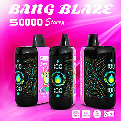 Promotional Image Featuring Three Bang Blaze Vape Devices With Pink Accents And Digital Displays, Set Against A Vibrant Pink Background With Text Highlighting Features Like 5000 Starry Capacity.