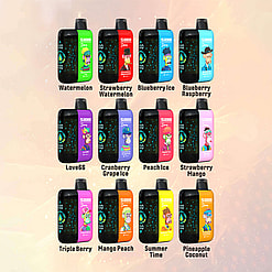 An assortment of 12 colorful e-liquid bottles labeled with different flavors, including Watermelon, Strawberry Watermelon, Blueberry Ice, and Pineapple Coconut; the background features a soft gradient design.