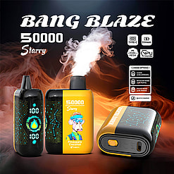 Promotional image of Bang Blaze 50000 Starry vaping device, Bang Starry 50000 featuring multiple designs, pineapple coconut flavor branding, and technical details including 550mAh battery, quick charge, and mesh technology with mode options displayed.