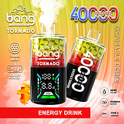 Advertisement For The 'Bang Tornado' Disposable Vape, Featuring 40,000 Puffs And An Energy Drink Flavor, With Details Including Three Mesh Coils, Adjustable Power Settings, 40 Ml E-Liquid Capacity, 850Mah Battery, And Type-C Charging.