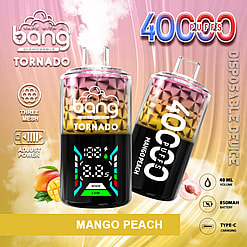 Advertisment For Bang Tornado 40,000-Puff Disposable Vape Devices In Mango Peach Flavor, Featuring A Digital Display, Adjustable Power, And Type-C Charging.