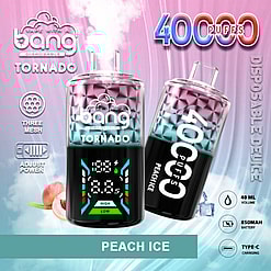 Promotional Graphic Of Bang Disposable Vape Devices In The Tornado Peach Ice Flavor, Featuring 40,000 Puffs Capacity, A Digital Control Panel, And Specifications Like 40Ml Volume, 850Mah Battery, And Type-C Charging.