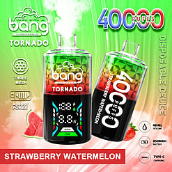Promotional Image For Bang Tornado Strawberry Watermelon Disposable Vaping Device Featuring 40,000 Puffs, 850Mah Battery, Adjustable Power, And Type-C Charging, With Fruit Illustrations And A Stylized Display.