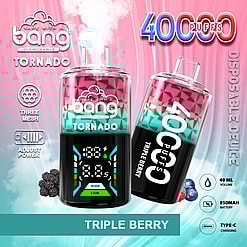 Promotional Graphic Of The Bang Disposable Tornado Vaping Device Displaying Its Features Such As 40,000 Puffs, Triple Berry Flavor, Adjustable Power, And A Digital Screen With High And Low Settings.