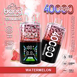 Promotional Image For The Bang Tornado Disposable Vape Device Featuring Watermelon Flavor, 40,000 Puffs, 40Ml E-Liquid Capacity, 850Mah Battery, And Adjustable Power Features, With A Vibrant Red And Black Design.