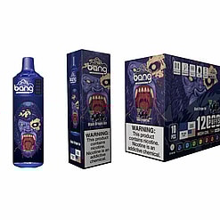 A Product Display For Bang Disposable Vapes In The Black Dragon Ice Flavor, Showcasing The Vape Device, Individual Packaging, And A Box Of Ten Units, With Notable Artwork Of A Snarling Dragon And Health Warnings About Nicotine.