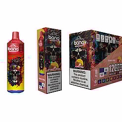 Packaging Design For A Flavored Vape Device Labeled 'Bang', Featuring Colorful Skull Artwork And Warnings About Nicotine Addiction.