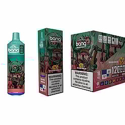 Packaging Design For Bang Vape Products Featuring A Vibrant Illustration Of A Green Zombie Character, Branding Elements, And Visible Warning Labels About Nicotine Addiction.
