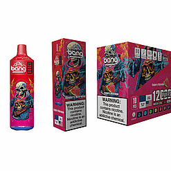 Display Image Showing A Bang Brand Disposable Vape In Raspberry Watermelon Flavor, A Colorful Package Featuring A Vibrant Skeleton Design, And A Box Containing Multiple Units With A 'Warning: Nicotine Is Addictive' Label Clearly Visible.