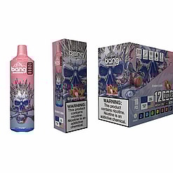 Packaging And Individual Unit Of A Vaping Product Called Bang Xxl, Featuring A 12000-Puff Capacity, Strawberry Lychee Flavor, And Warning Labels About Nicotine Addiction.
