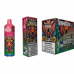 A Set Of Products Including A Colorful E-Cigarette Device, Its Packaging Box With A Bull Motif, And A Larger Pack Labeled 'Watermelon Ice' Flavor And 12,000 Puffs, Displaying A Nicotine Warning.