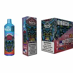 Packaging Of The Bang Disposable Vape In Strawberry Kiwi Flavor, Showcasing A Vibrant, Stylized Robot Design And A Nicotine Warning Label, With Accompanying Box For Bulk Purchase Featuring Product Details.