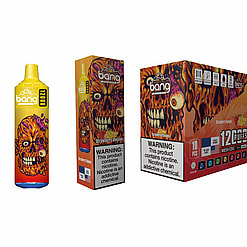 Packaging For Bang Strawberry Banana Vape Product Featuring Vibrant, Fiery Graphics Of A Skeletal Face, Labeled For 12,000 Puffs With Nicotine Warnings Displayed.