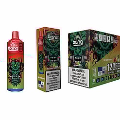 Packaging And Products Of Bang Disposable Vape In Sour Apple Raspberry Flavor, Featuring Vibrant Artwork Of A Green Stylized Face And Bold Text, Also Displaying A Nicotine Warning.