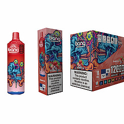 Packaging Image Of A Bang Disposable Vape With Strawberry Ice Flavor, Featuring Vibrant Artwork And A Nicotine Warning Label.