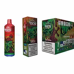Packaging And Product Design For Bang Disposable Vape Devices In Strawberry Watermelon Flavor, Featuring A Red And Green Container With A Vivid Illustration Of A Zombie-Like Character. Includes Product Warnings About Nicotine Addiction.