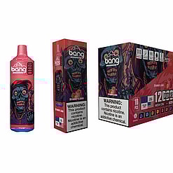Bang Disposable Vape Packaging Featuring A Cartoon Skull Design, Labeled '12000 Puffs,' Strawberry Juice Flavor, And Adorned With A Nicotine Warning.
