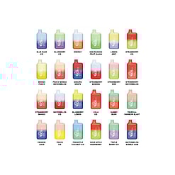 An image displaying a collection of colorful disposable vape devices, each labeled with its respective flavor such as "Blue Razz Ice," "Mango Peach," and "Tropical Rainbow Blast."