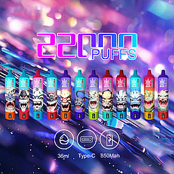 Bang Beach 22000 A colorful display of disposable vape pens showcasing various designs and flavors, arranged in a row with bold text advertising "2200 Puffs" above and detailed specifications at the bottom, set against a vibrant, abstract background.