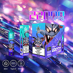 Packaging And Products For A Vaping Device Labeled 'Bang Beach' With A Grape Ice Flavor, Featuring A 22000 Puffs Capacity And Equipped With A Bold Design Of A Stylized Creature, Displayed Against A Vibrant Purple And Blue Abstract Background.