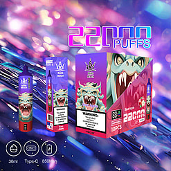 Product Display Of Bang Beach Disposable Vape In Sour Apple Flavor, Featuring A Dragon-Themed Design, With Packaging Highlighting 22,000 Puffs And Nicotine Warning Label, Against A Vibrant Abstract Background.