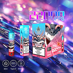 A Promotional Image For 'Bang Beach' Disposable Vape Featuring Strawberry Watermelon Flavor, Showcasing Its 36Ml Capacity, Type-C Charging, 850Mah Battery, And 22,000 Puff Capability Against A Colorful Abstract Background.
