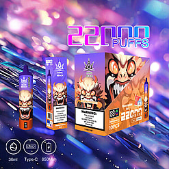 Promotional Visual For Bang Beach Disposable Vape Advertising A Watermelon Ice Flavor With 22,000 Puffs, Showcasing A Vibrant Product Packaging Featuring A Fiery-Eyed Character And Key Specifications Like A 36Ml Capacity, Type-C Charging, And 850Mah Battery.
