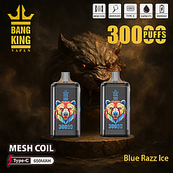 Advertisement For Bang King Vapen Featuring Two Vape Devices With Vibrant Bear Illustrations, Highlighting 30000 Puffs, Mesh Coil, Type-C Charging, 650Mah Capacity, And Blue Razz Ice Flavor, Set Against A Dark Backdrop Featuring A Menacing Creature.