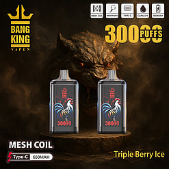 Promotional Image For Bang King Vapen Featuring Two Disposable Vape Devices With Rooster Artwork, Emphasizing Features Like 30000 Puffs, Mesh Coil, Type-C Charging, And 650Mah Capacity, Set Against A Dark Background With A Fierce Creature In The Back.