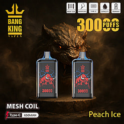 Promotional Image Showcasing Bang King Vapen Peach Ice Flavor Disposable Vape Devices With Bold Graphics, Product Specifications, And A Fierce, Illuminated Beast In The Background.